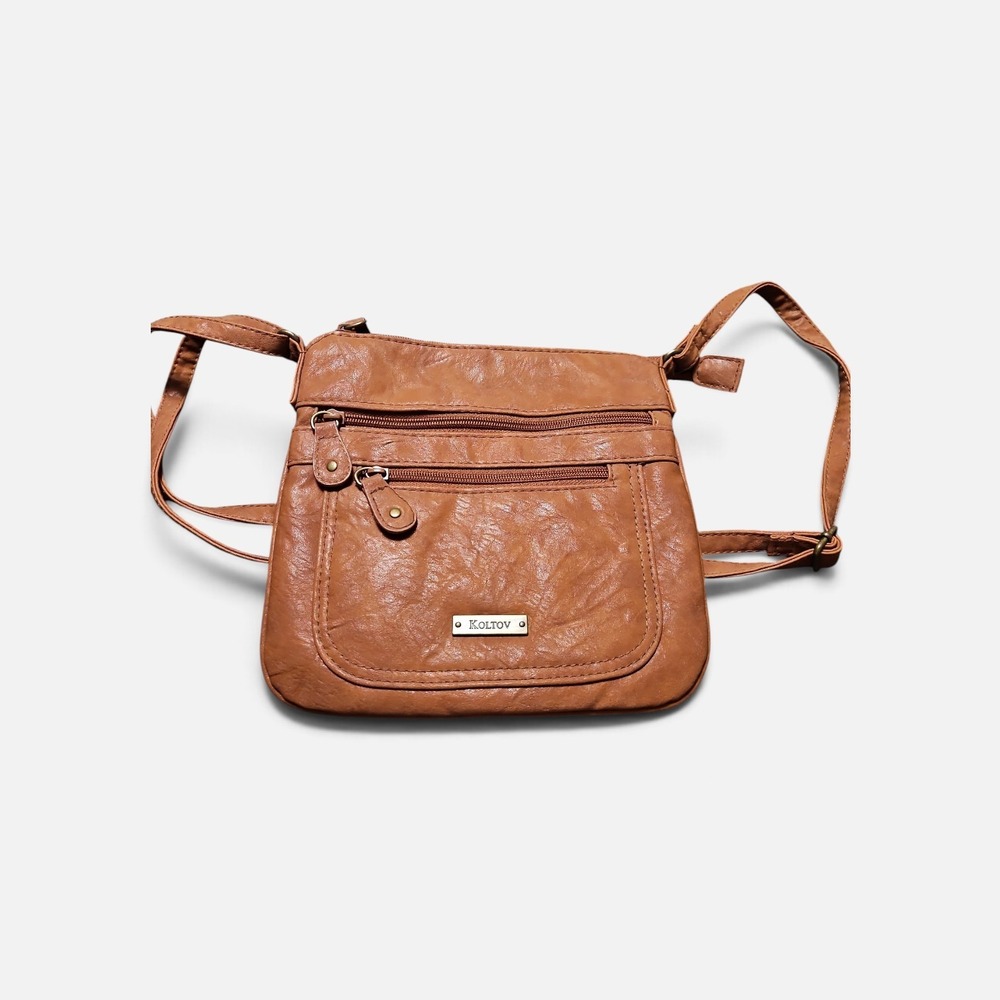 Koltov Cognac Brown Faux Leather Multi Pocket Crossbody Bag Adjustable Strap